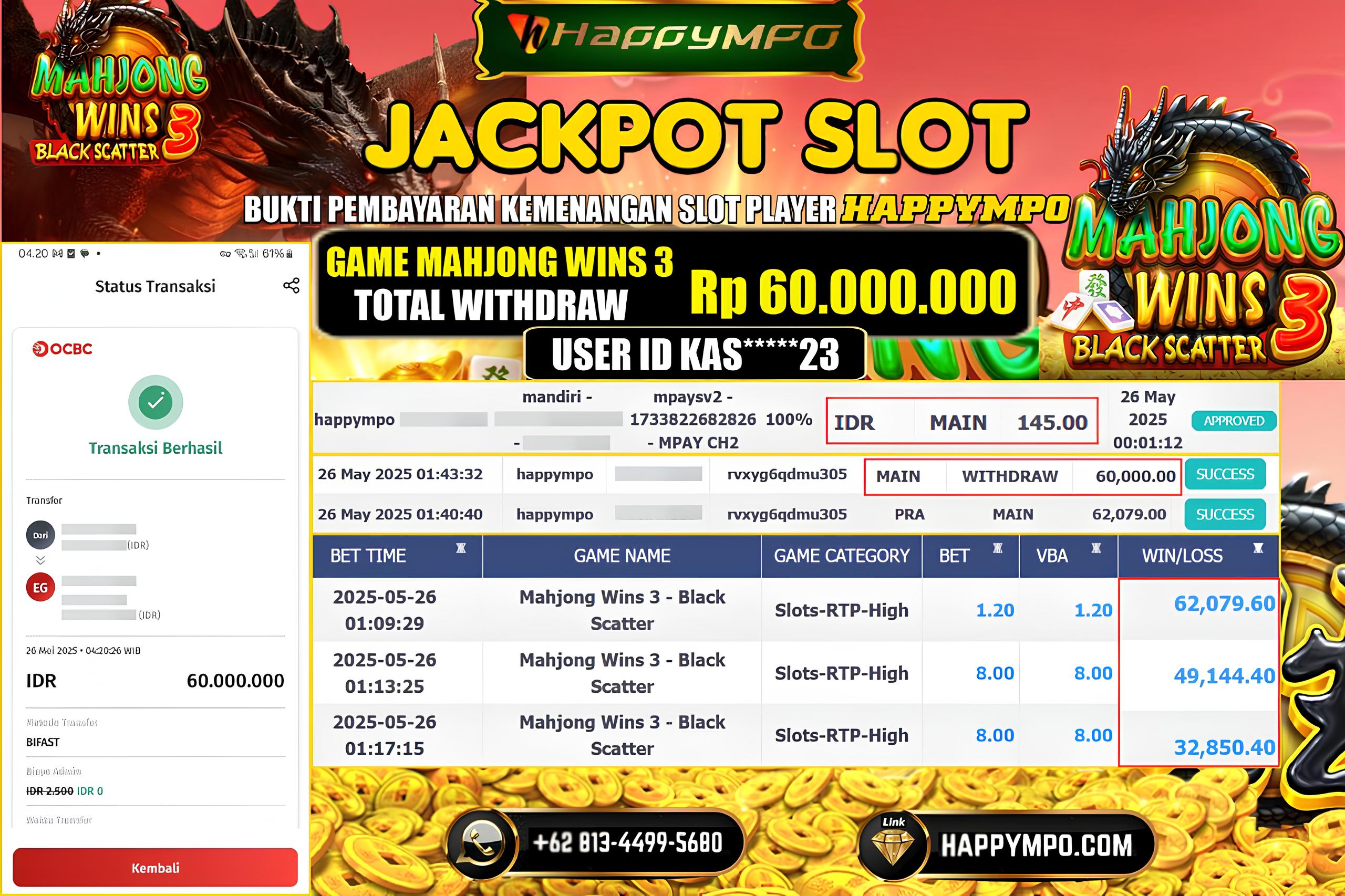 HAPPYMPO JACKPOT SLOT MAHJONG WINS BLACK SCATTER 3 Rp.60.000.000,- LUNAS